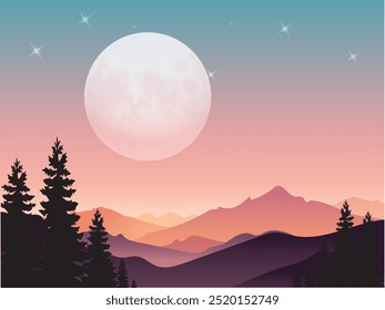 A large full moon in a pastel sky over a silhouetted mountain range at sunset 