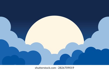 Large Full Moon Rising Behind Layered Blue Clouds in a Dark Night Sky, Minimalist Celestial Landscape with Soft Atmospheric Shapes