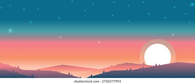 : Large Full Moon Rising Over Hills at Twilight with Starry Gradient Sky