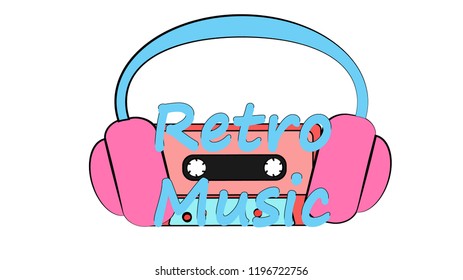 Large full-size headphones for listening to music and old vintage retro hipster film cassette and retro music inscription. Poster. Vector illustration.