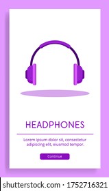 Large, full-sized over-ear headphones with round ear pads cast a shadow. Violet flat illustration on a white background for an advertising poster.