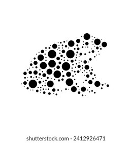 A large funny frog in the center made in pointillism style. The center symbol is filled with black circles of various sizes. Vector illustration on white background
