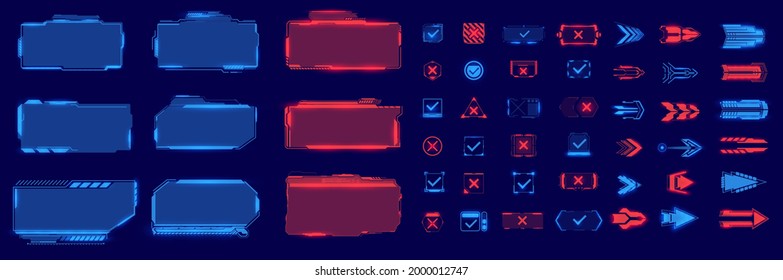 Un gran conjunto futurista de marcos, flechas, notas al pie, botones en azul y rojo sobre un fondo aislado. Los elementos son adecuados para juegos y aplicaciones. Pantalla de tecnología de hud futurista Sci-fi