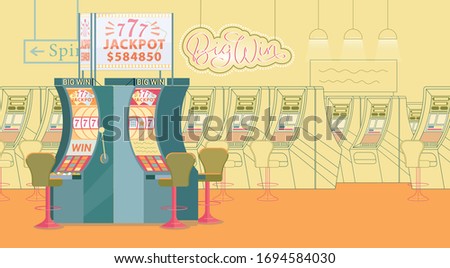 Large Game Hall with Slot Machine and Bright Sign. Row with Gambling Machine and High Chair for Comfortable Pastime. On Wall Illumination Sign Showing Big Win. Ceiling Lamp Illuminate Room.