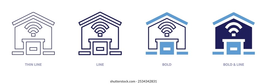 Grande icono de garaje en 4 estilos diferentes. Línea delgada, línea, negrita y línea negrita. Estilo duotono. Trazo editable.