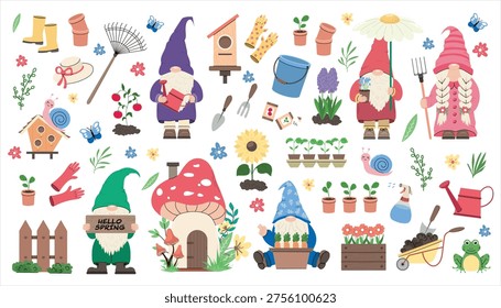 Large garden gnome vector set with tools plants flowers animals and spring elements for gardening 