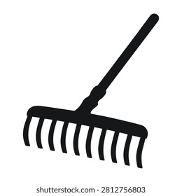 Large garden rake with long handle and multiple tines for yard work and leaf collection