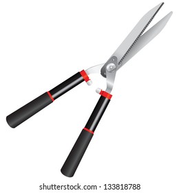 Large garden shears for manual cutting of bushes and trees. Vector illustration.