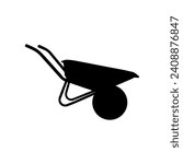 A large garden wheelbarrow symbol in the center. Isolated black symbol. Vector illustration on white background