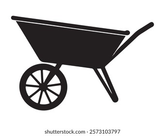  A large garden wheelbarrow symbol in the center. Isolated black symbol. Vector illustration on white background