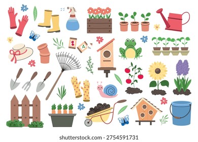Large gardening elements set with plants seedlings pots tools gloves rake watering can wheelbarrow flowers vegetables birdhouses insects and garden accessories