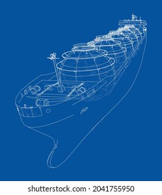 Large gas tanker or LNG carrier. Vector rendering of 3d. Wire-frame style. The layers of visible and invisible lines are separated