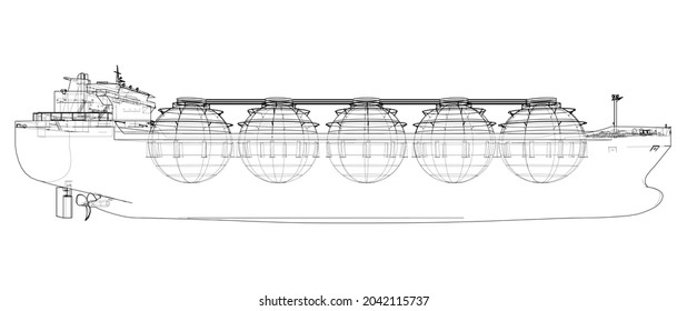 Großgastanker oder LNG-Tanker. Vektorgrafik von 3d. Wire-Frame-Stil. Die Schichten sichtbarer und unsichtbarer Linien sind getrennt