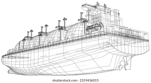 Large gas tanker or LNG carrier. Vector rendering of 3d. Wire-frame style. The layers of visible and invisible lines are separated