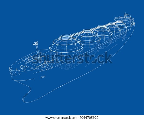 Large gas tanker or LNG carrier. Vector\
rendering of 3d. Wire-frame style. The layers of visible and\
invisible lines are\
separated