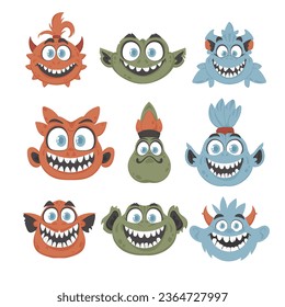 A large gathering of silly and amusing monster expressions. Cartoon style.