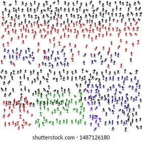 A large gathering of small people. Characters have different colors.