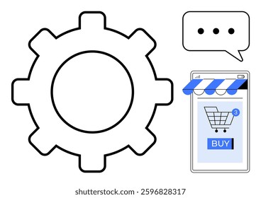 Large gear beside a mobile shopping cart app with a speech bubble above indicates e-commerce automation. Ideal for e-commerce, automation, mobile shopping, technology, user experience. Simple flat