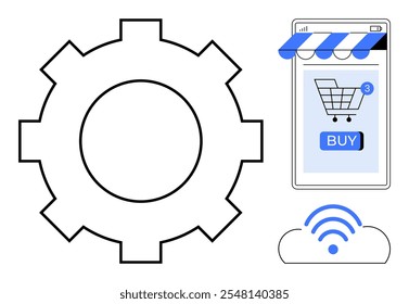 Large gear beside a smartphone screen displaying an online shopping cart with buy button. Wireless symbol below. Ideal for e-commerce, automation, mobile shopping, technology, wireless communication