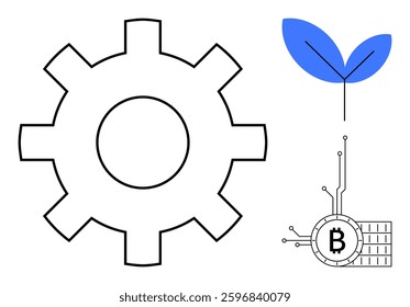 A large gear beside a sprouting plant and a digital Bitcoin illustrating the synergy of technology, growth, and digital finance. Ideal for business development, sustainability, cryptocurrency