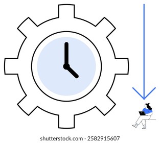 Large gear with clock symbolizing efficiency, businesswoman working on laptop seated on chair, downward arrow. Ideal for productivity, time management, business efficiency, work balance, punctuality