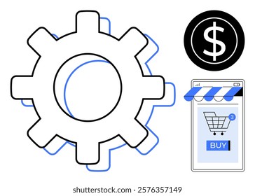 Large gear, dollar symbol, mobile shopping cart interface with buy button. Ideal for e-commerce, online shopping, financial technology, system integration, business processes. Modern, minimalist