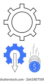 Large gear, downward arrow, and stacked coins with dollar sign. Ideal for business process, efficiency improvement, cost reduction, financial growth, productivity automation management. Line