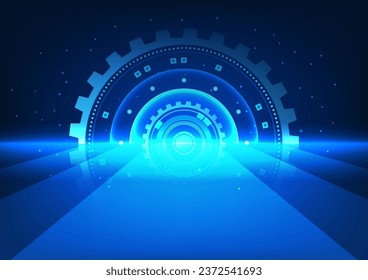 Large gear has a large walkway. It represents the entrance into the world of technology. that is constantly evolving to provide access to information learning from technology