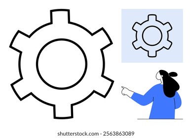 Large gear icon beside smaller version in light blue box with person in blue pointing. Ideal for mechanical engineering technology automation process design presentation. Simple modern style