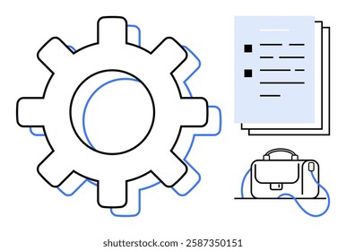 Large gear icon beside stacked documents and briefcase representing productivity, planning, and organization in business. Ideal for presentations, workflow diagrams, business strategy, project