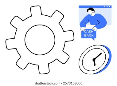 A large gear icon next to a clock and a person holding a cashback sign, Ideal for business optimization finance savings time management and rewards programs Digital minimal style