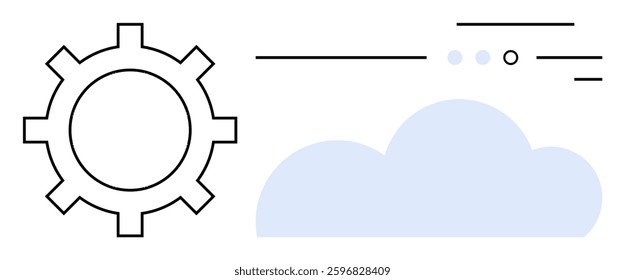 Large gear icon next to a light blue cloud with minimalistic lines and dots. Ideal for technology, network, cloud computing, data management, engineering, automation, and digital concepts. Line