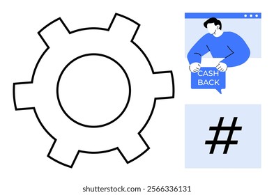 A large gear icon, a person holding a cash back sign in a web browser window, and a metadata tag symbol. Ideal for technology, finances, social media, marketing, and e-commerce themes. Minimalist