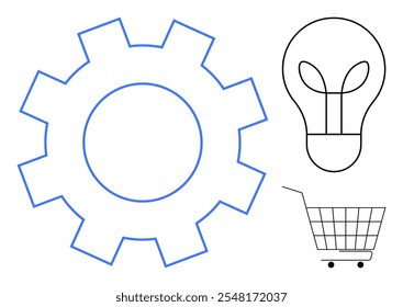 Engranaje Grande, bombilla y Carrito de compras. Ideal para negocios, innovación, comercio, tecnología y temas de emprendimiento. Diseño minimalista simple. Líneas negras y azules. Vector moderno conceptual