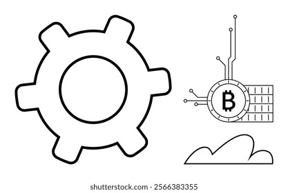 Large gear next to a Bitcoin symbol with a circuit and a cloud shape. Ideal for blockchain, cryptocurrency, technology, industry, innovation. Simple line style
