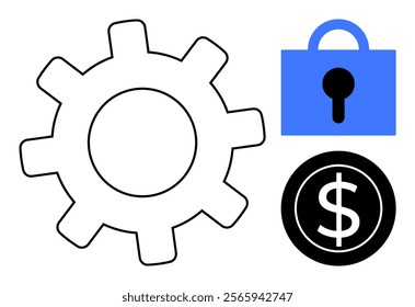 Large gear next to blue lock and black dollar sign reflects themes of security finance technology business and industry. Ideal for security finance business technology industry operations