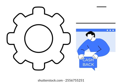 A large gear next to a man holding a cashback sign. Ideal for e-commerce, online shopping, cashback promotions, website optimization, and marketing strategies. Clean and modern style