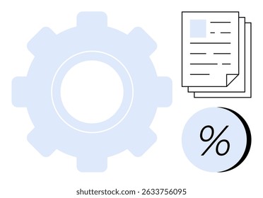 Große Ausrüstung neben gestapelten Dokumenten und einem Prozentzeichen. Ideal für Geschäftsstrategie, Produktivität, Effizienz, Analyse, Finanzberichte, Automatisierung, Workflow-Optimierung. Linienmetapher