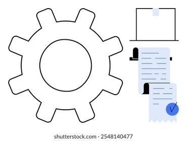 Large gear on left with paper checklist and checkmark on right. Ideal for business, workflow, productivity, settings, project management, efficiency themes. Simplistic line-art style with minimal