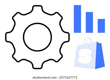 Large gear outline with blue bar graph and blue shopping bag. Ideal for business, e-commerce, analytics, technology, and marketing. Vector art style, minimalistic design, and economic visualization