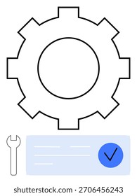 Grande contorno de engranaje, llave y documento con marca de verificación. Ideal para mantenimiento, procesos mecánicos, revisiones técnicas, verificación de flujo de trabajo, tareas de ingeniería, control de calidad y proyecto