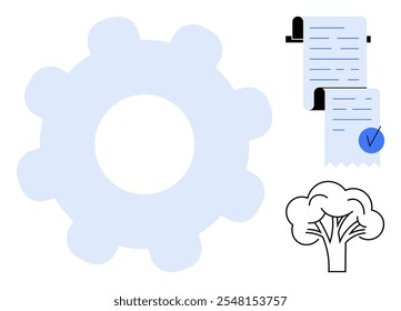 Large gear shape with a checklist and a checkmark, alongside a tree icon. Ideal for project management, productivity tools, environmental themes, organizational concepts, and administrative tasks