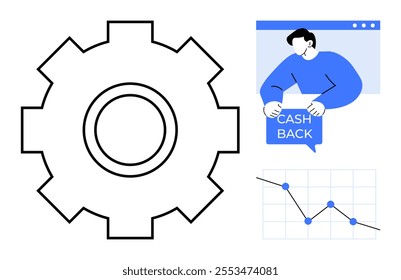 Large gear shape, person holding a cashback message, and a declining graph. Ideal for business, finance, savings, economic trends, and marketing. Modern, minimalist, clean style