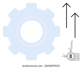 Large gear shape, two upward arrows, Bitcoin symbol with digital circuitry. Ideal for technology, cryptocurrency, financial growth, blockchain, innovation. Simple modern style