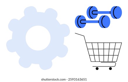 A large gear, a shopping cart, and blue dumbbells are shown. Ideal for fitness, commerce, technology, shopping, and engineering themes. Simple vector style with a minimalist approach highlighting