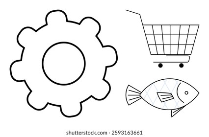 Large gear, shopping cart with wheels in back, and a fish with scales. Ideal for industry, shopping, manufacturing, food, technology. Simple line art style