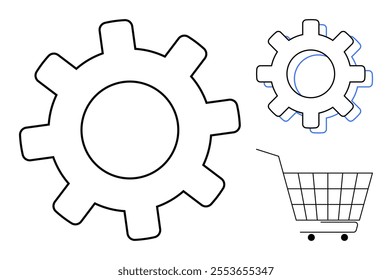 Large gear and smaller gear icons next to a shopping cart symbol. Ideal for e-commerce, automation, online shopping, technology, and business concepts. Simple and modern design style