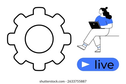 Large gear for software settings, woman with laptop sitting above a live button, blue and black color scheme. Ideal for technology, software tutorials, live streaming, programming, online learning