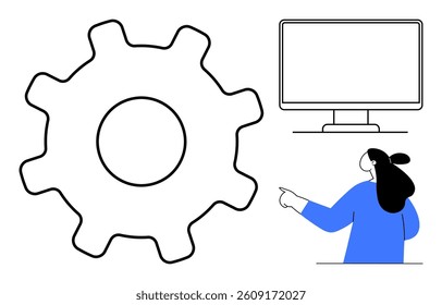 Large gear symbol, computer screen, person pointing. Line art style. Ideal for technology, user interface, education, presentations, and digital learning