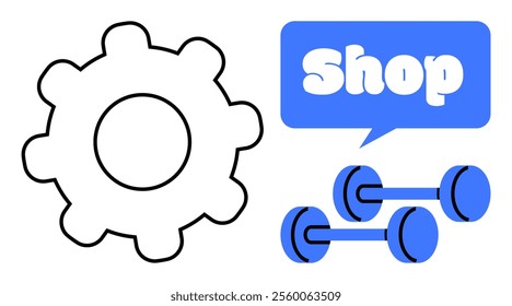 Large gear symbol, dumbbells, and a speech bubble with Shop inside. Ideal for fitness, e-commerce, mechanics, gym equipment, online stores. Bold colors, modern style, simple design